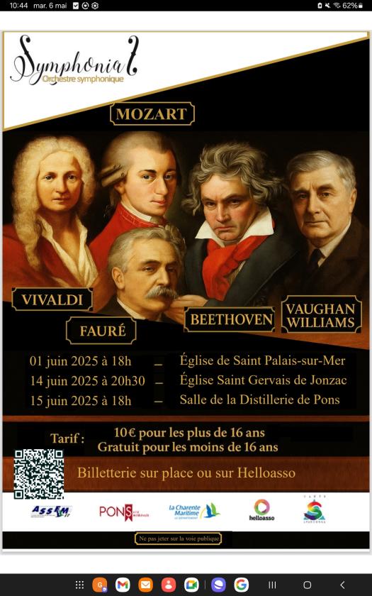 sortie à ST PALAIS SUR MER, Charente Maritime. CONCERT DE L ORCHESTRE SYMPHONIA Sortir à ST PALAIS SUR MER(Charente Maritime). ST PALAIS SUR MER.