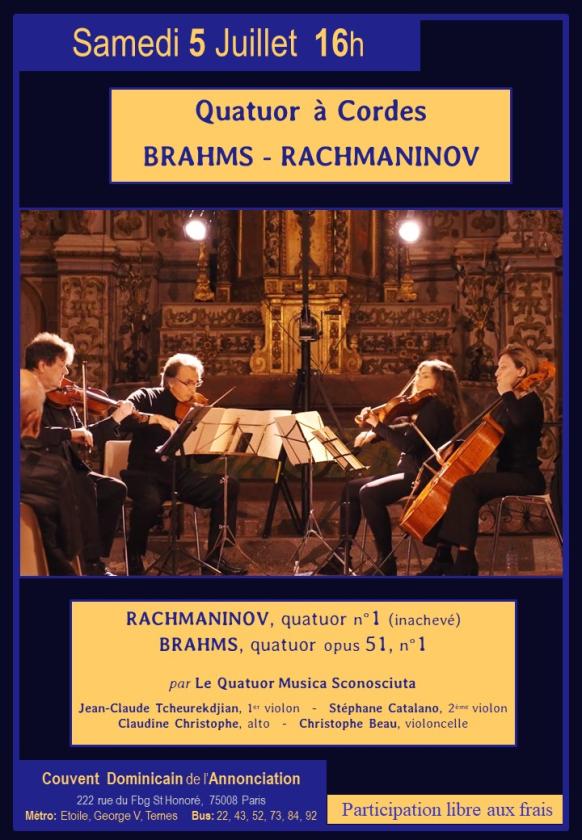 sortie à PARIS 08, Paris. QUATUOR À CORDES : BRAHMS - RACHMANINOV Sortir à PARIS 08(Paris). PARIS 08.