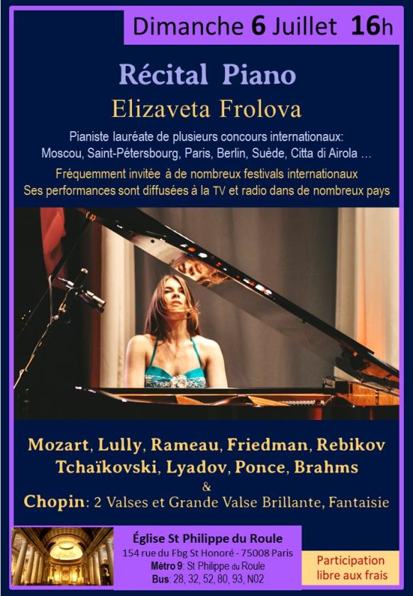 sortie à PARIS 08, Paris. RÉCITAL DE PIANO : ELIZAVETA FROLOVA Sortir à PARIS 08(Paris). PARIS 08.