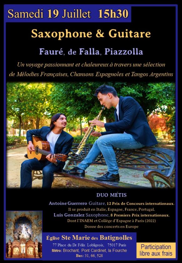sortie à PARIS 17, Paris. SAXOPHONE & GUITARE MUSIQUE FRANÇAISE, ESPAGNOLE Sortir à PARIS 17(Paris). PARIS 17.