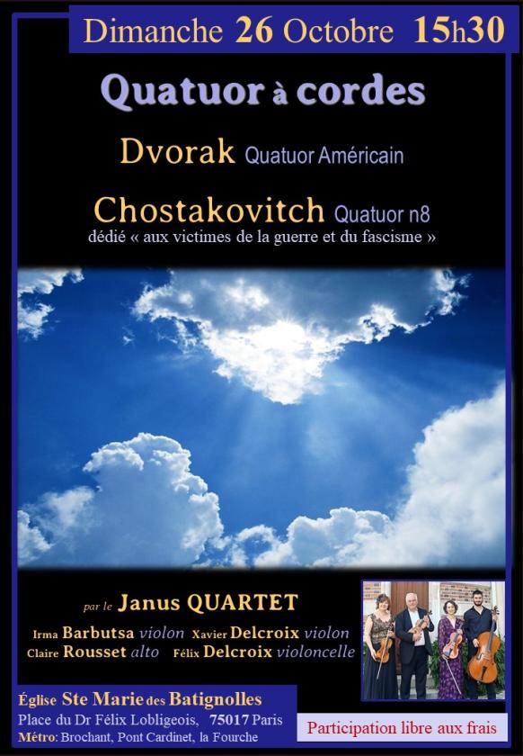 sortie à PARIS 17, Paris. QUATUOR À CORDES : DVORAK & CHOSTAKOVITCH Sortir à PARIS 17(Paris). PARIS 17.