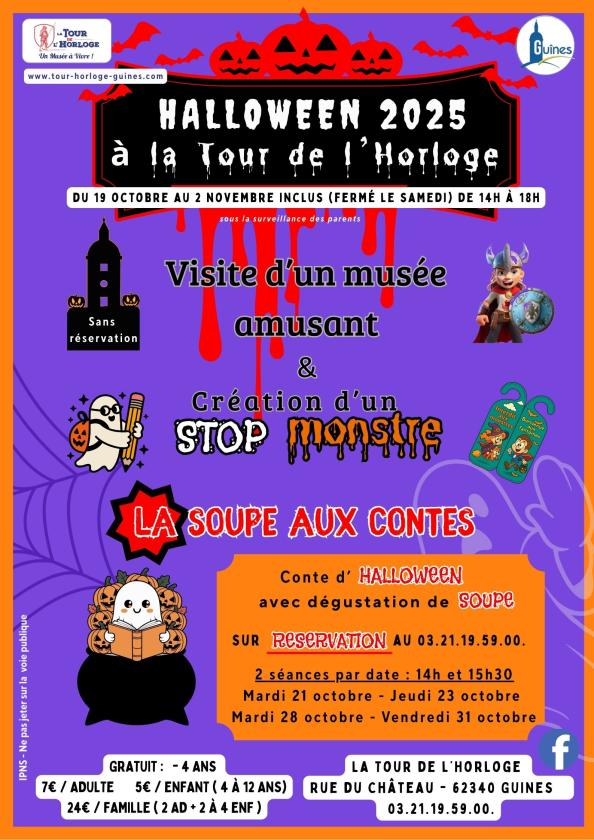 sortie à GUINES, Pas de Calais. HALLOWEEN 2025 À LA TOUR DE L'HORLOGE Sortir à GUINES(Pas de Calais). GUINES.
