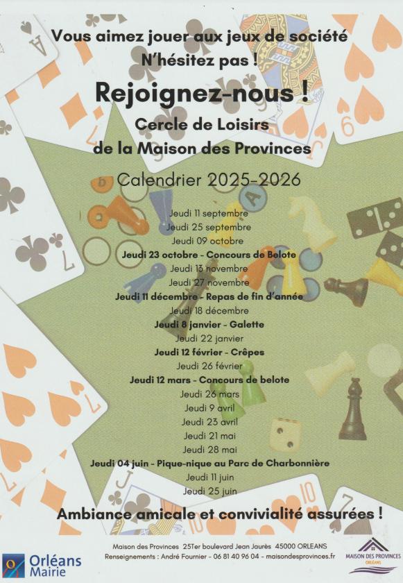 sortie à ORLEANS, Loiret. JEUX DE SOCIÉTÉ À LA MAISON DES PROVINCES Sortir à ORLEANS(Loiret). ORLEANS.