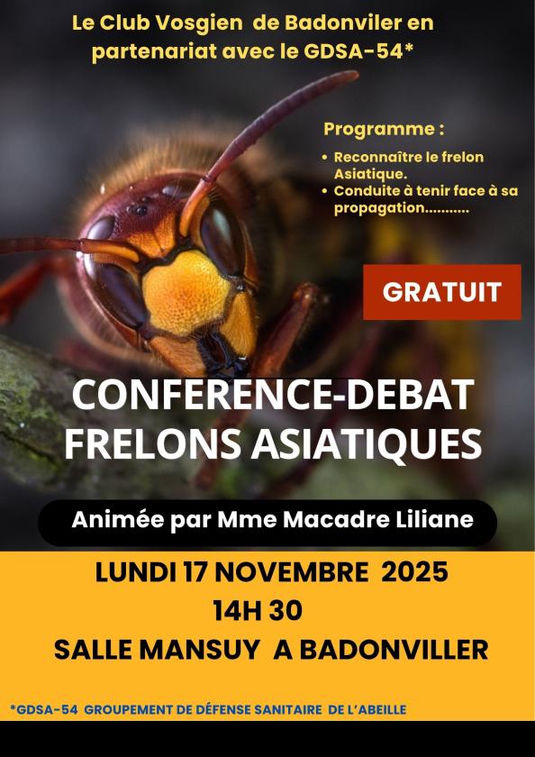 sortie à BADONVILLER, Meurthe et Moselle. CONFÉRENCE DÉBAT SUR LE FRELON ASIATIQUE Sortir à BADONVILLER(Meurthe et Moselle). BADONVILLER.