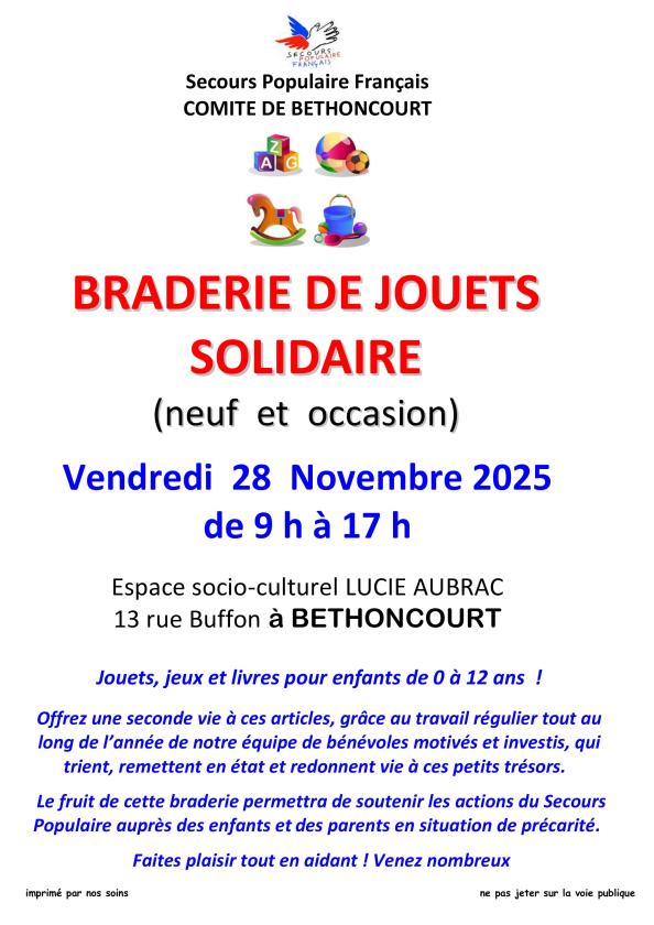 sortie à BETHONCOURT, Doubs. BRADERIE DE JOUETS SOLIDAIRE - SECOURS POPULAIRE Sortir à BETHONCOURT(Doubs). BETHONCOURT.