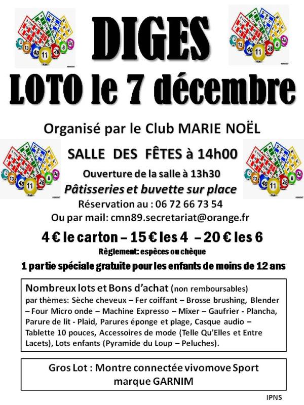 sortie à DIGES, Yonne. GRAND LOTO DE DIGES Sortir à DIGES(Yonne). DIGES.