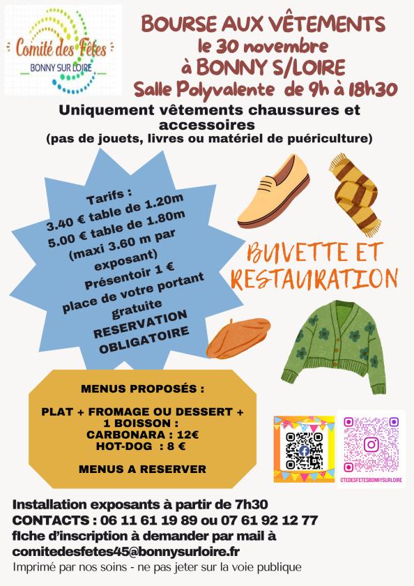 sortie à BONNY SUR LOIRE, Loiret. BOURSE AUX VETEMENTS 30/11/2025 BONNY S/LOIRE Sortir à BONNY SUR LOIRE(Loiret). BONNY SUR LOIRE.