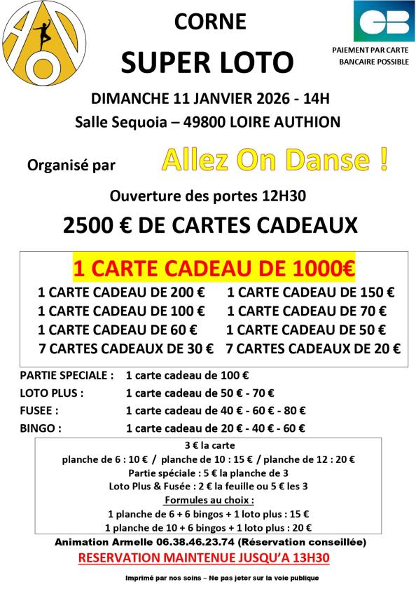 sortie à CORNE, Maine et Loire. SUPER LOTO À 2500 € Sortir à CORNE(Maine et Loire). CORNE.