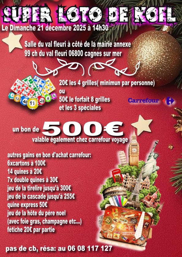 sortie à CAGNES SUR MER, Alpes Maritimes. SUPER LOTO DE NOEL SALLE DU VAL FLEURI Sortir à CAGNES SUR MER(Alpes Maritimes). CAGNES SUR MER.