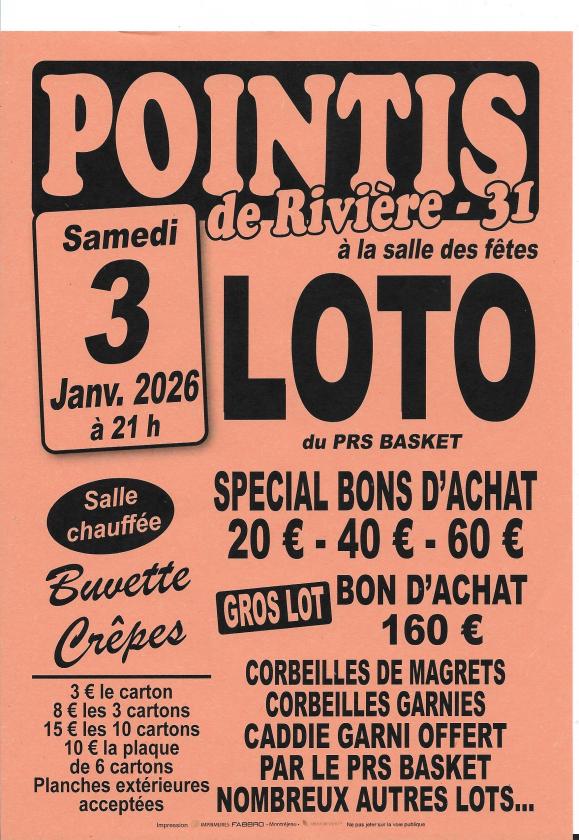 sortie à POINTIS DE RIVIERE, Haute Garonne. LOTO DU POINTIS DE RIVIERE SPORTS BASKET Sortir à POINTIS DE RIVIERE(Haute Garonne). POINTIS DE RIVIERE.
