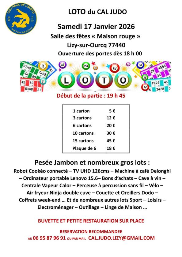 sortie à LIZY SUR OURCQ, Seine et Marne. LOTO DU CAL JUDO LIZEEN Sortir à LIZY SUR OURCQ(Seine et Marne). LIZY SUR OURCQ.