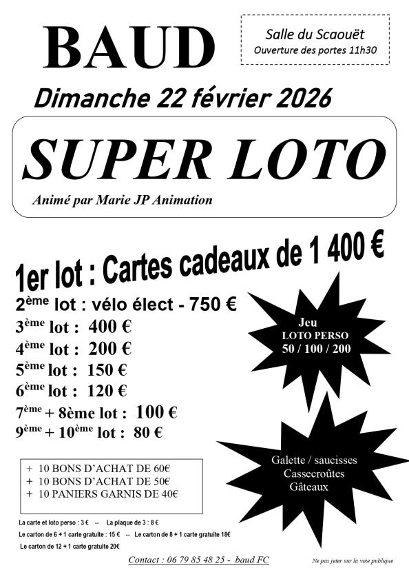 sortie à BAUD, Morbihan. MÉGA LOTO Sortir à BAUD(Morbihan). BAUD.