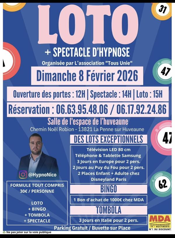 sortie à LA PENNE SUR HUVEAUNE, Bouches du Rhône. LOTO SPECTACLE Sortir à LA PENNE SUR HUVEAUNE(Bouches du Rhône). LA PENNE SUR HUVEAUNE.