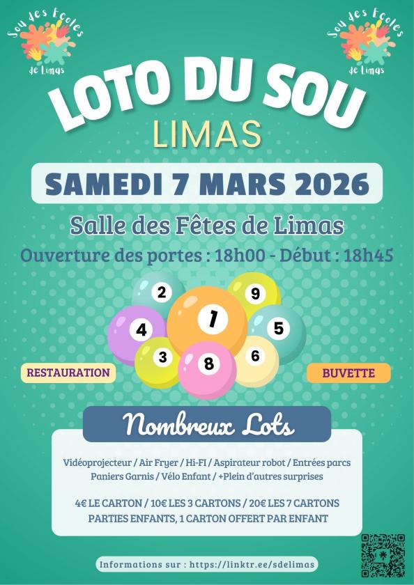 sortie à LIMAS, Rhône. LOTO DU SOU DES ECOLES DE LIMAS Sortir à LIMAS(Rhône). LIMAS.