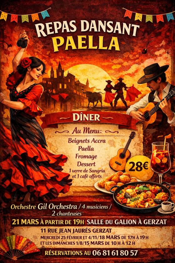 sortie à GERZAT, Puy de Dôme. REPAS DANSANT PAELLA Sortir à GERZAT(Puy de Dôme). GERZAT.