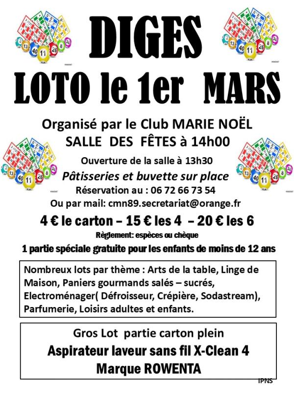 sortie à DIGES, Yonne. GRAND LOTO Sortir à DIGES(Yonne). DIGES.