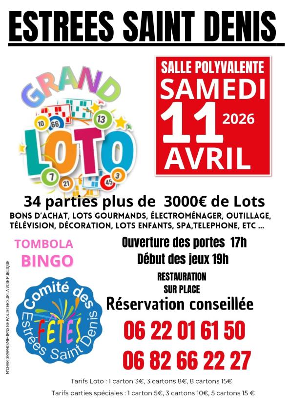 sortie à ESTREES ST DENIS, Oise. LOTO DE PRINTEMPS Sortir à ESTREES ST DENIS(Oise). ESTREES ST DENIS.