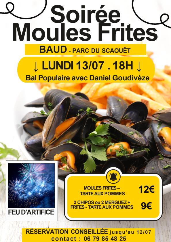 sortie à BAUD, Morbihan. MOULES FRITES / BAL POPULAIRE/ FEU D'ARTIFICE Sortir à BAUD(Morbihan). BAUD.