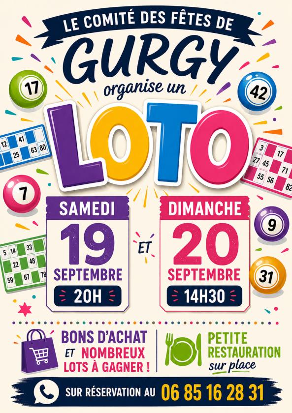 sortie à GURGY, Yonne. GRAND LOTO DU COMITÉ DES FÊTES DE GURGY Sortir à GURGY(Yonne). GURGY.