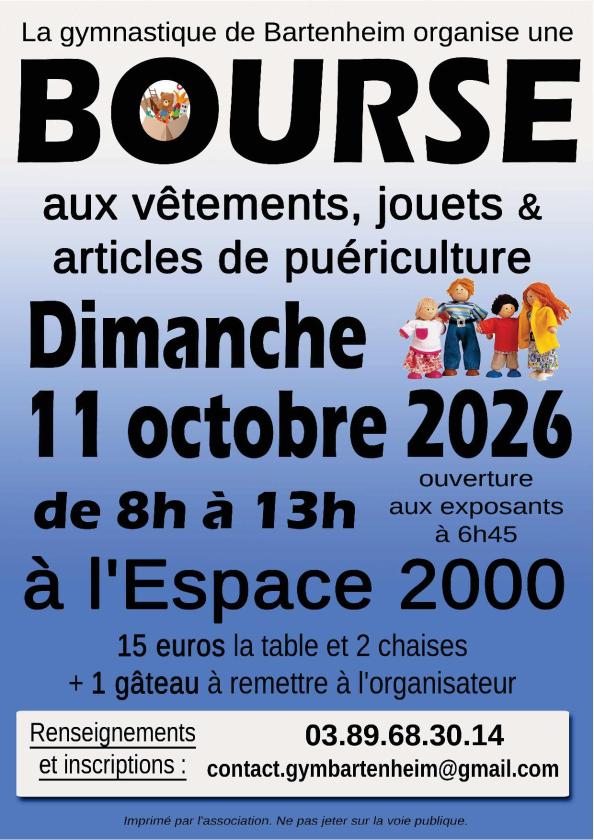 sortie à BARTENHEIM, Haut Rhin. BOURSE AUX VÊTEMENTS, JOUETS ET ARTICLES DE PUÉRIC Sortir à BARTENHEIM(Haut Rhin). BARTENHEIM.