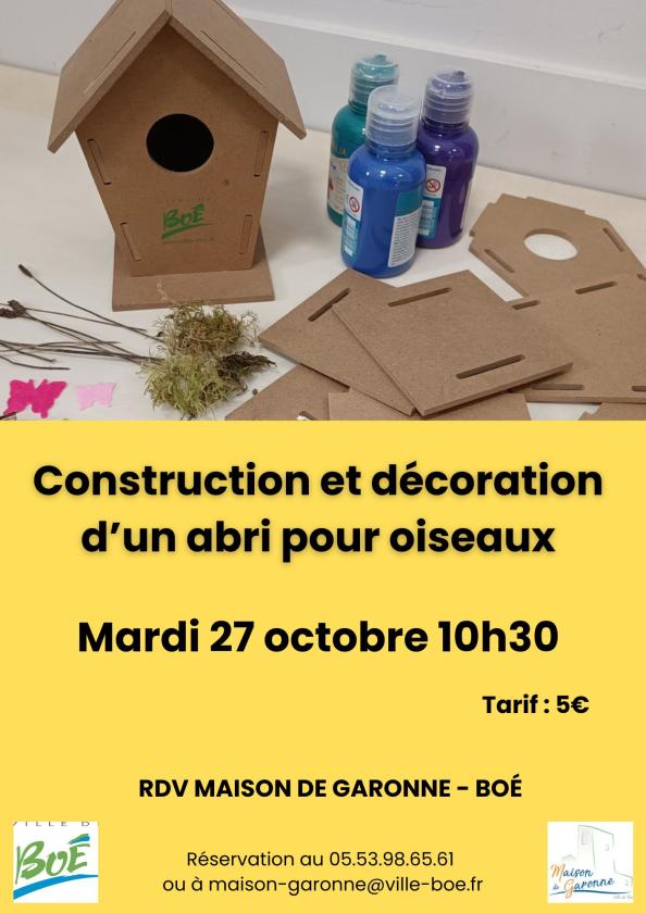 sortie à BOE, Lot et Garonne. ATELIER CRÉATIF "ABRI POUR OISEAUX" Sortir à BOE(Lot et Garonne). BOE.