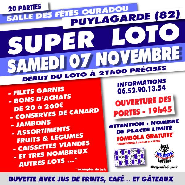 sortie à PUYLAGARDE, Tarn et Garonne. GRAND LOTO EN 20 PARTIES Sortir à PUYLAGARDE(Tarn et Garonne). PUYLAGARDE.